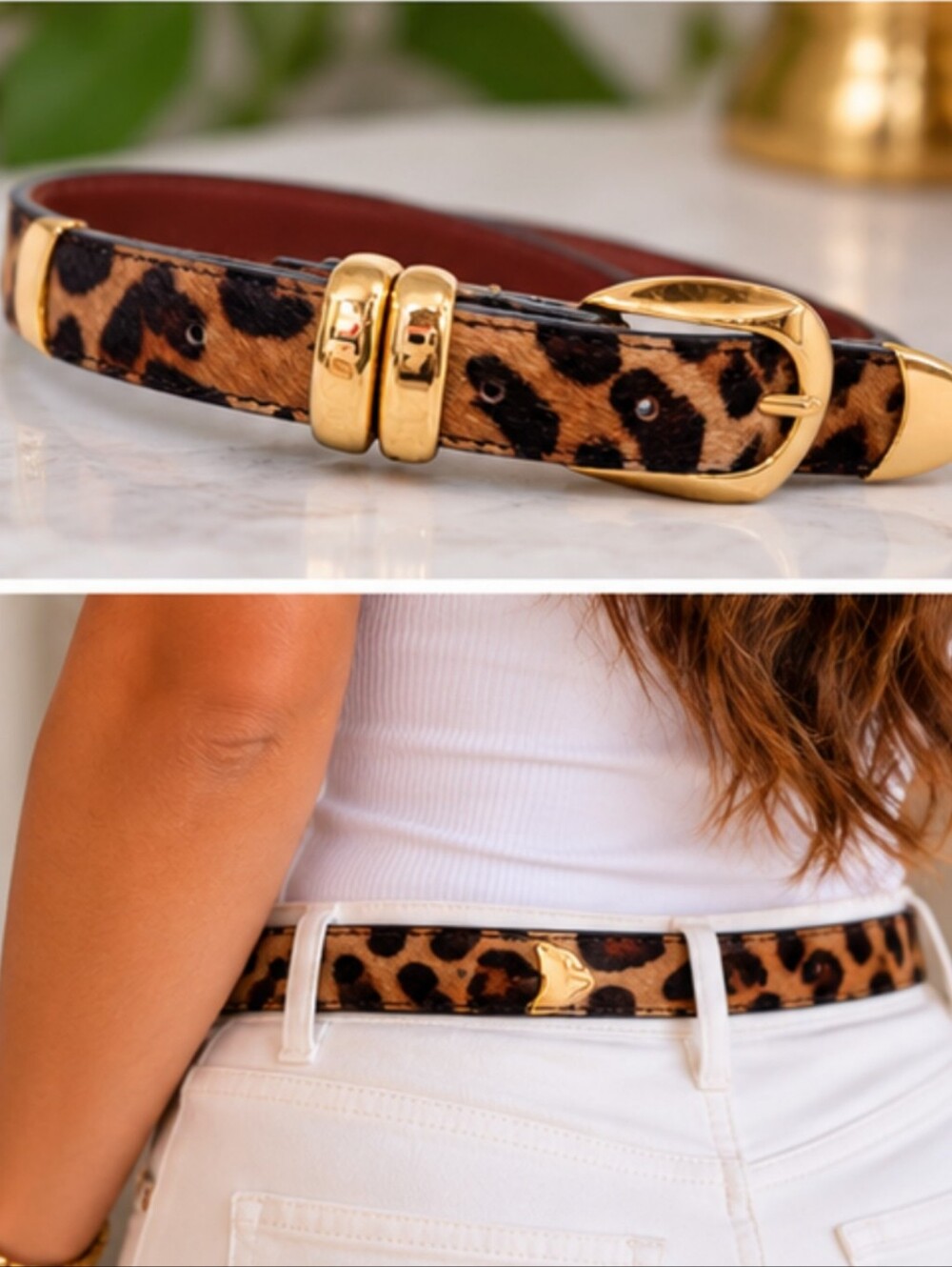 Vintage Leopard Print Calf Hair Leather Belt Gold Hardware. Size Medium